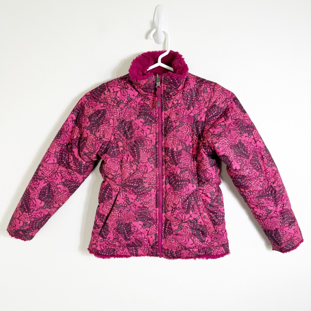 The North Face Reversible Mossbud Swirl Jacket Girls Small 7/8 Pink Butterfly